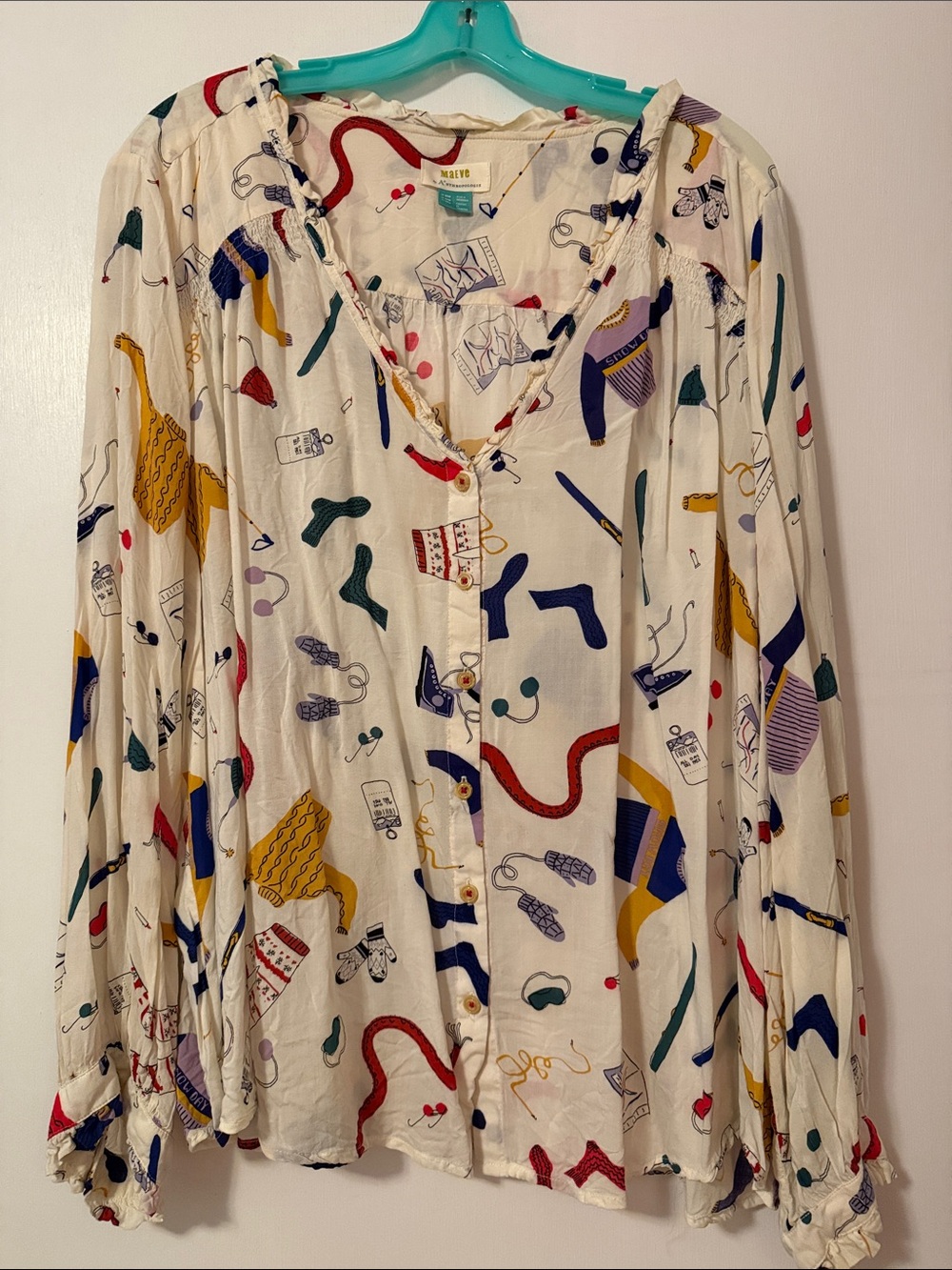 Anthropologie Maeve Anthro Button Top Ruffle Novelty Print Winter Ski 24 Plus 3X